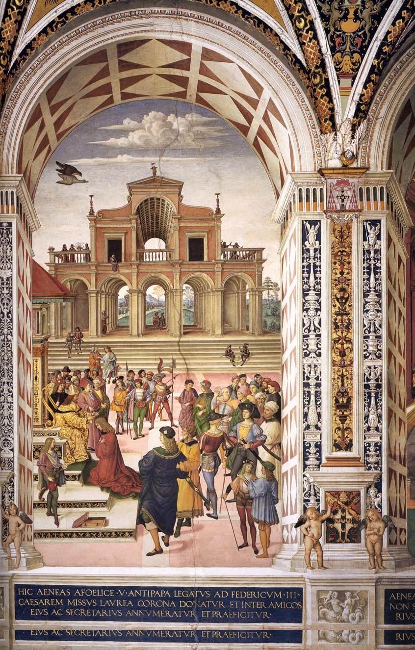 Pinturicchio, No. 3: Frederick III Crowning Enea Silvio Piccolomini with a Laurel Wreath, zwischen 1502 und 1508, Fresco, Piccolomini-Bibliothek, Siena